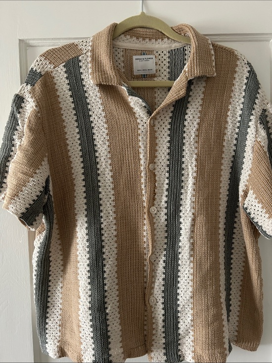Denim & Flower Other - Denim & Flower Tan, White & Dark Gray Striped Knit Button-Down Shirt